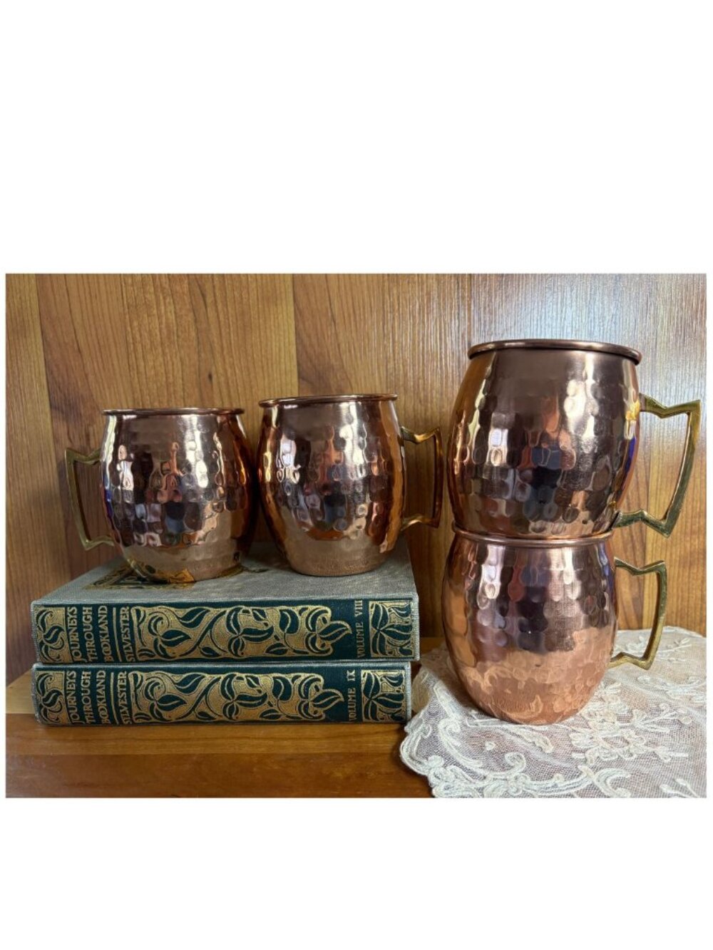 Hammered Copper Mugs Nickel Lined Brass Handles set of 4